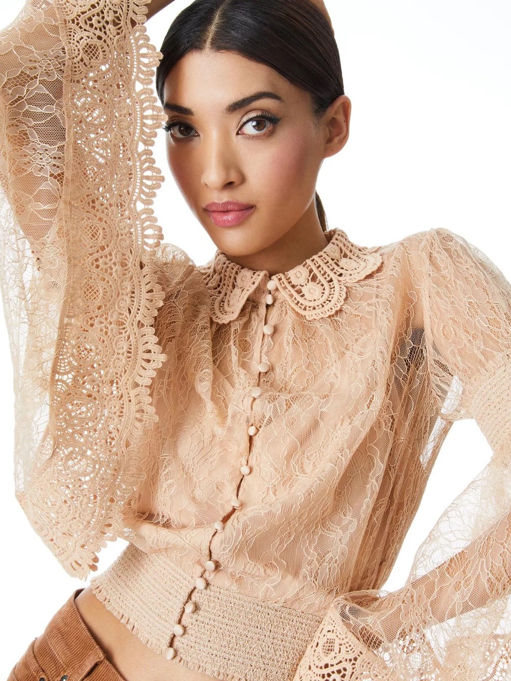Alice & Olivia Lace Shirt Blouse Beige XS - Sheer Lace Button-Up Blouse in Nude